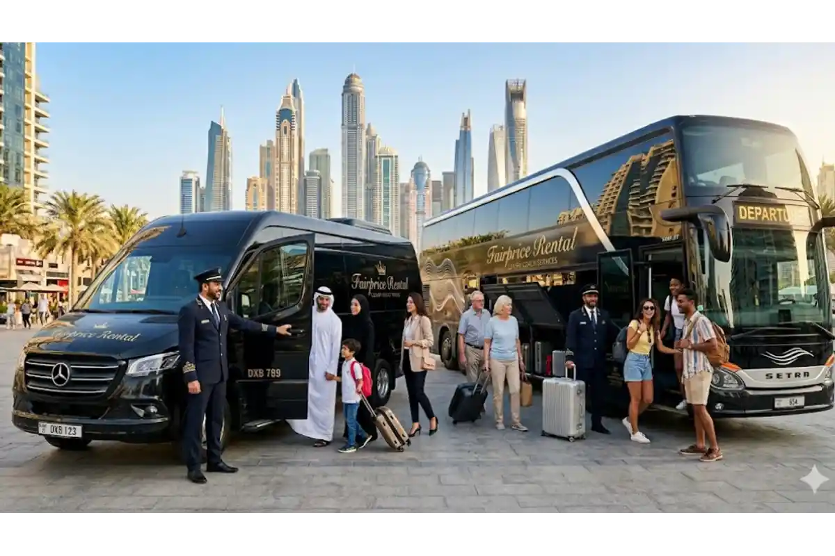Professional travel agency group transport in Dubai.